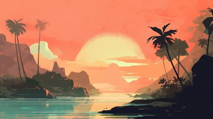 Travel illustration. Hawaiian islands. Art, minimalism, romanticism, watercolors, pastels. Generative AI.