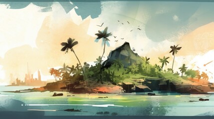 Travel illustration. Hawaiian islands. Art, minimalism, romanticism, watercolors, pastels. Generative AI.