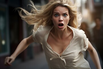 young blonde woman running away in a panic