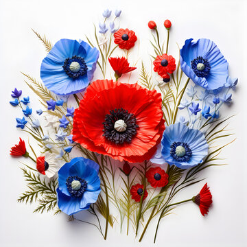 fleurs de bleuet et de coquelicot - symbole de l'armistice 1918 - fond blanc
