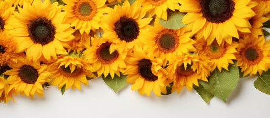 Sunflowers, with a yellow hue, create a captivating backdrop. The sunflowers are beautiful and vibrant, presenting a fresh look. is taken from a top-down perspective, with ample space for adding