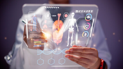 Medicine doctor touching electronic medical record on tablet. DNA. Digital healthcare and network connection on hologram modern virtual screen interface, medical technology and network concept.