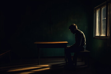 Lonely man silhouette feeling depressed and stressed sitting head in hands in the dark bedroom, Depression and anxiety disorder concept, dark light photography