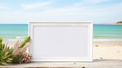 Empty white border frame mockup on beach background. Copy space.