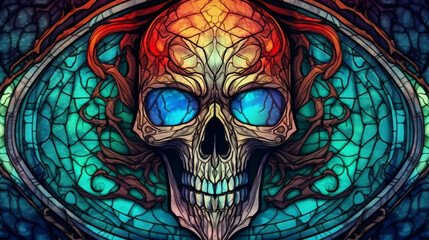 Fototapeta premium Illustration in stained glass style with a Skull on a dark background. generative AI