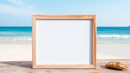 Empty white border frame mockup on beach background. Copy space. Generative AI