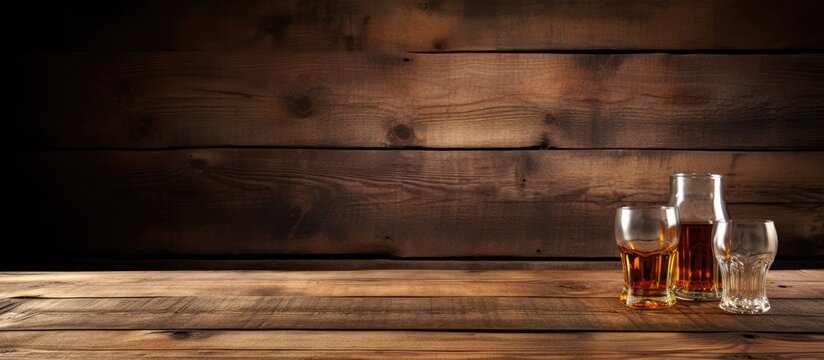 A banner with a rustic wood background featuring Scotch whiskey without ice in glasses and a bottle, with copy space available.