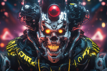cyborg robot with futuristic sci - fi futuristic background. 3 d rendering. robot cyborg head. futuristic cyborg concept