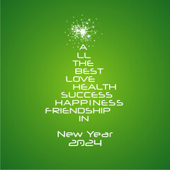 2024 eve. All the best in New Year 2024 white typography shining Christmas tree word cloud lucky green background