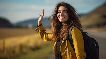 beautiful millennial woman in casual clothes hitchhiking