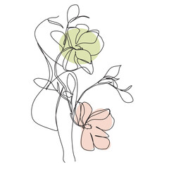 Woman's Body with Flowers and Leaves One line. Vector.