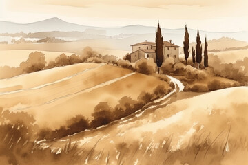 Painting watercolor of Tuscany, Italy landscape, Tuscany landscape with fields, meadows, cypress trees and houses on the hills, Italy landmark, Tuscany, Europe, generative ai - 631770953