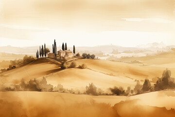 Painting watercolor of Tuscany, Italy landscape, Tuscany landscape with fields, meadows, cypress trees and houses on the hills, Italy landmark, Tuscany, Europe, generative ai - 631770955
