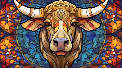 Illustration in stained glass style with a head of a buffalo. generative AI