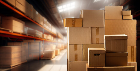 Warehouse with boxes. Storage interior. Cardboard boxes in hangar. Industrial warehouse with skylights.Hangar with warehouse racks. Storage area for industrial company. distribution, logistics