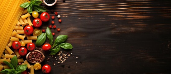 Italian Food Background Featuring Various Types of Pasta, Emphasizing Health and Vegetarian Concepts. Aerial View with Space for Text.