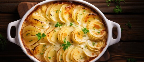 The potato gratin in a white baking dish is seen from the top view on a wooden background. enough space to add text or other elements. - obrazy, fototapety, plakaty