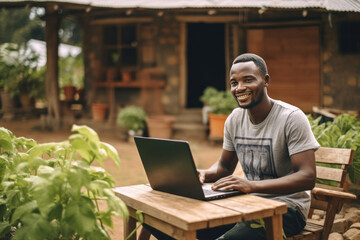  Young African farmer with a laptop, technology in the agriculture concept. - obrazy, fototapety, plakaty