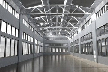Industrial building interior. Hangar with large windows. Industrial building inside view. Empty hangar for storage. Industrial building with concrete floor. Future logistics warehouse. 3d image
