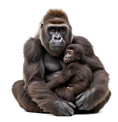 gorilla mother and cute baby infant family on isolated background