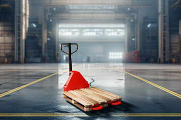Empty warehouse. Pallet jack in industrial building. Empty warehouse hangar. Pallet on hydraulic trolley. Empty factory building. Concept lack goods in stock. Metaphor problems in industry. 3d image