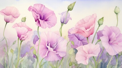 Fototapeta na wymiar Pink flowers watercolor art painting for banner, poster, Web and packaging. Spring floral background. AI illustration.