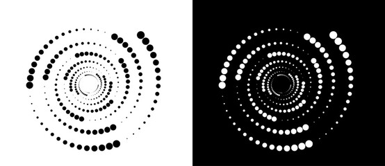 Modern abstract background. Halftone dots in circle form. Round logo. Black shape on a white background and the same white shape on the black side.