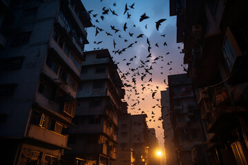 extraordinary shot of bats emerging from a rooftop or building at dusk, a common sight in urban areas Generative AI