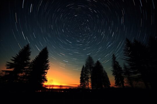 Twinkling sun in the dark night sky, star trail photography. Generative AI