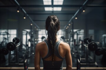 Fototapeta na wymiar A woman is standing in a gym with a barbell