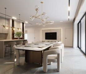 3D visualization of the interior of a modern house. Kitchen, living room and dining room. Modern interior design. Bright hues