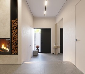 3D visualization of the interior of a modern house. Kitchen, living room and dining room. Modern interior design. Bright hues