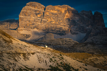 Stunning cliffs and walls at sunset in the Dolomites, Italy