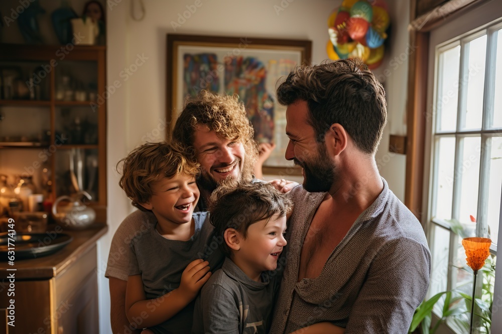 Wall mural cheerful caucasian gay couple with two children