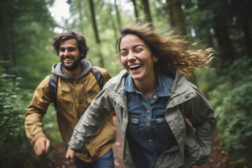 Fototapeta premium Running in Nature's Embrace, Youthful Pair Sprint Joyfully through the Forest in Modern Outdoor Attire
