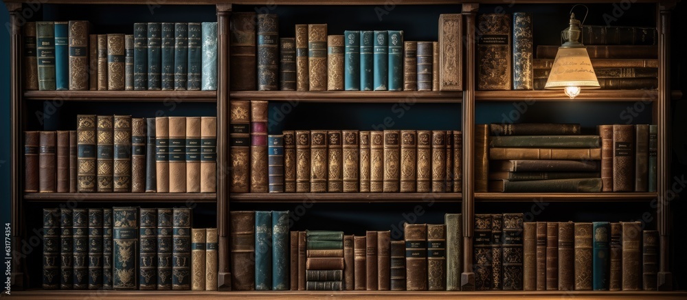 Poster vintage books are displayed on a dark background shelf, allowing for copy space.