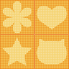 Flowers Graphic drawings Illustrations Pattern Fabric overlapping white hearts, stars, flowers, and cats. Yellow and orange tones.