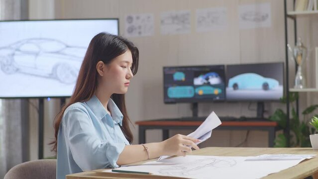 Asian Female Organizing Papers While Working About Car Design Sketch On Table In The Studio With Tv And Computers Display 3D Electric Car Model 
