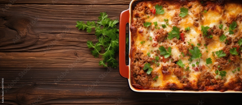 Poster Lasagna with Bolognese sauce and minced beef displayed in a baking dish. wooden background and is captured from a top view, providing ample space for copying.