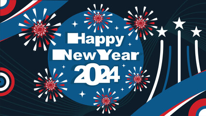 Obraz premium Happy new year 2024 vector banner design. 2024 new year modern minimal poster illustration background. Geometric shape vibrant colors greeting card.