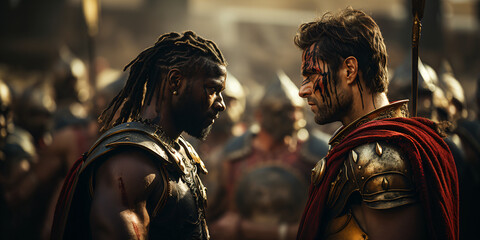 Two medieval ancient warriors met face to face on the battlefield, commanders armies, African and European, after the battle