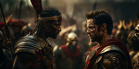 Two medieval ancient warriors met face to face on the battlefield, commanders armies, African and European, after the battle