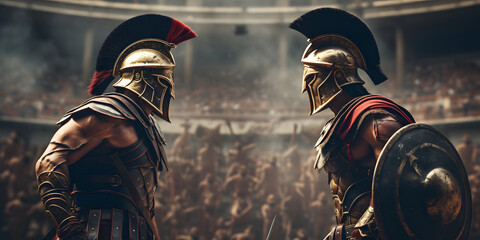 Two Roman gladiators stand face to face in the arena for battles in the background a crowd of spectators awaiting fight