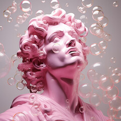 Pink antique statue with a surprised expression surrounded by soap bubbles on a pink background. Generative AI.