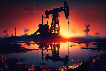 Oil drilling derricks at desert oilfield for fossil fuels output and crude oil production from the ground. Oil drill rig and pump jack. Turning valve and pipelines - obrazy, fototapety, plakaty