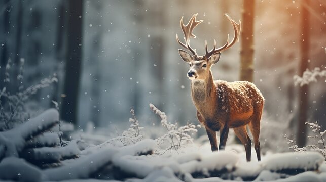 Noble deer male in winter snow forest Generative AI