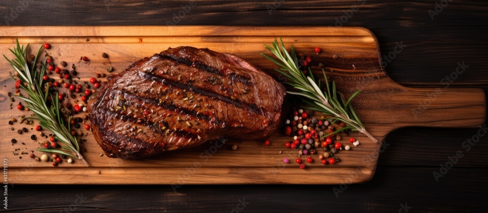 Poster A top-down view of grilled beef steak with spices on a cutting board, with space for adding text.