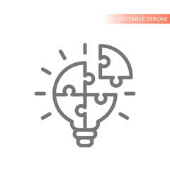 Light bulb and puzzle piece line vector icon. Lightbulb business solution and idea outlined symbol.