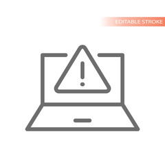 Laptop and warning exclamation mark icon. Data breach, security caution line vector.