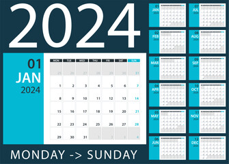 2024 Calendar Planner - vector illustration. Template. Mock up.